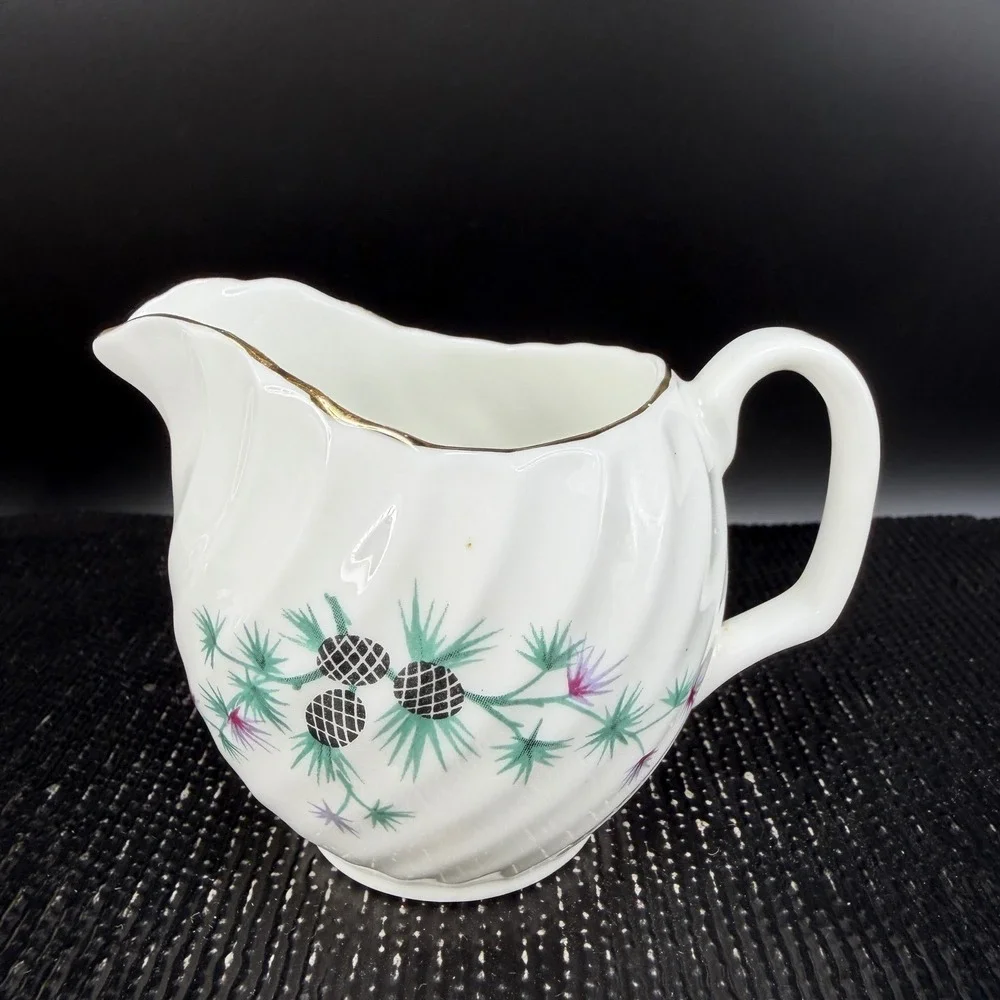 Royal Adderley Bone China Creamer Scottish Thistle Swirl‎ Gold Trim England 3in